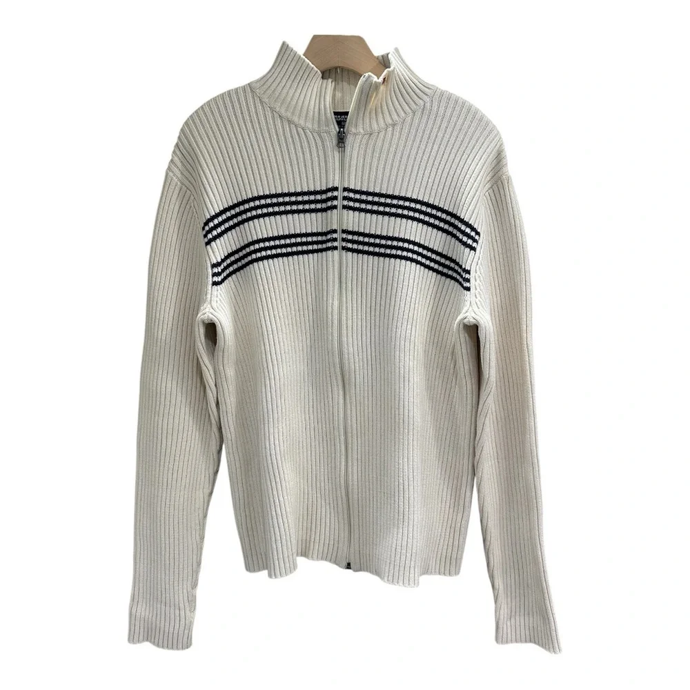 VTG Ralph Lauren Polo Jeans Co Men's Knit Sweater Full Zip Front XL Cream Blue